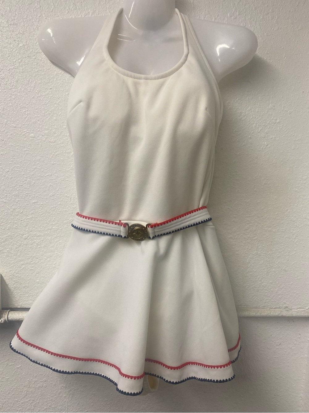 Vintage 1960s- White Halter One-Piece Swimsuit with Attached Belt